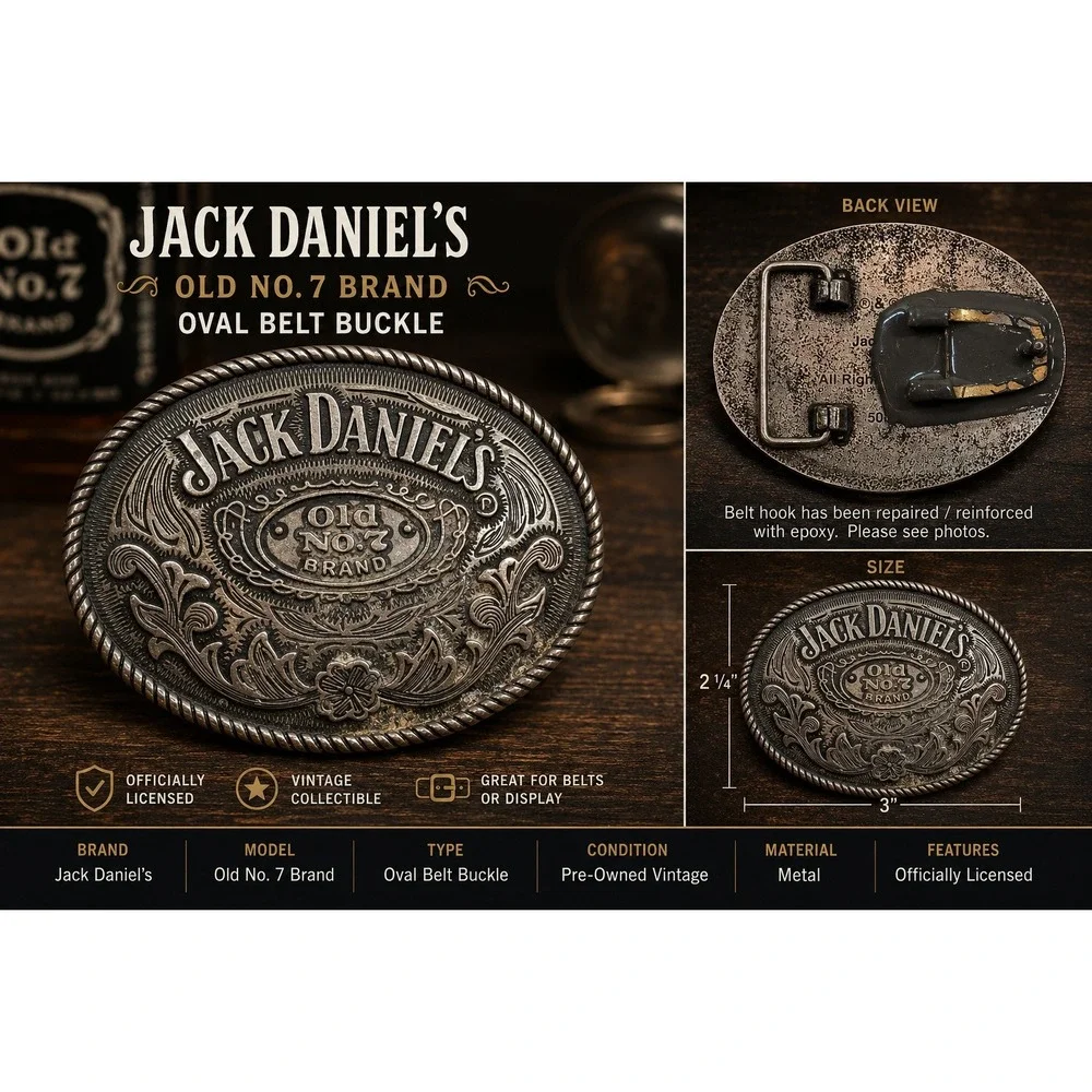Vintage Jack Daniels Old No 7 Brand Oval Belt Buckle Silver Tone Metal Western